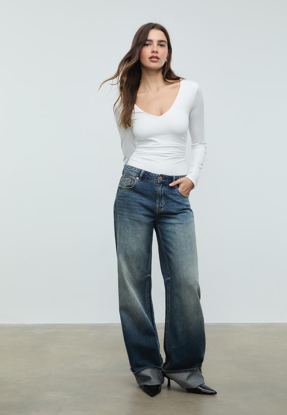 Stradivarius Gathered Polyamide Bodysuit With V-Neckline Ecru S