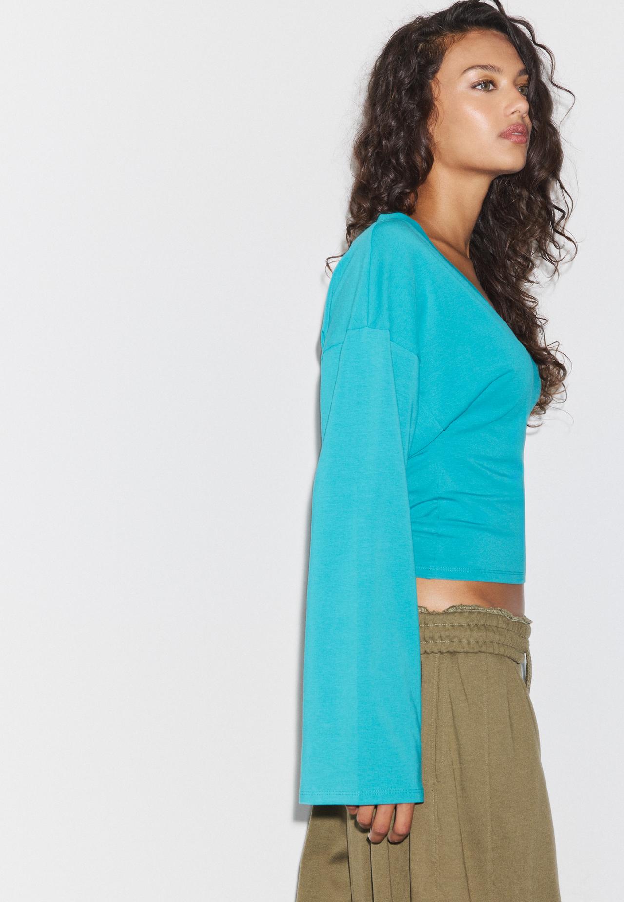 V-neck long sleeve Japanese-style top — Turquoise