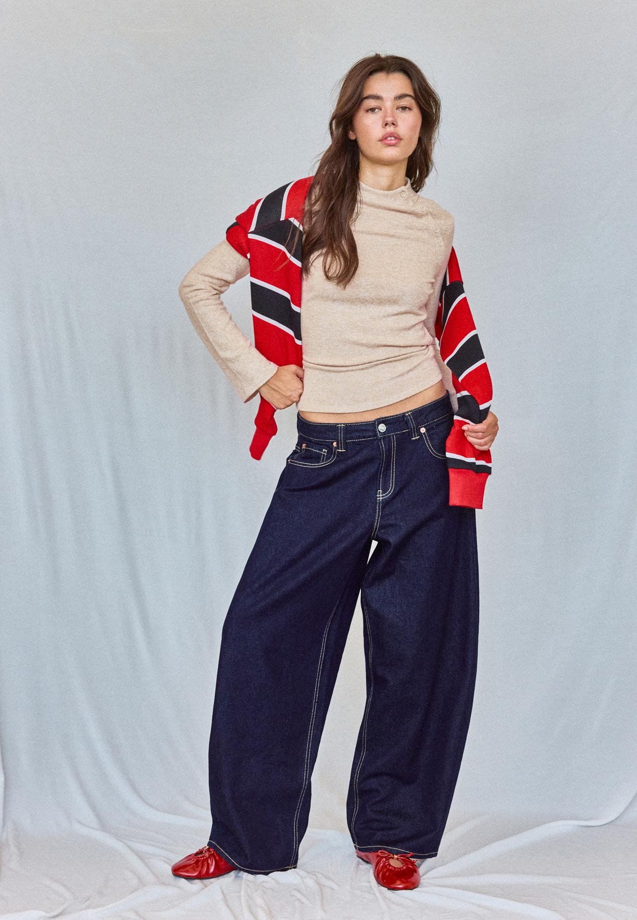 Funnel neck button sweater — Stone