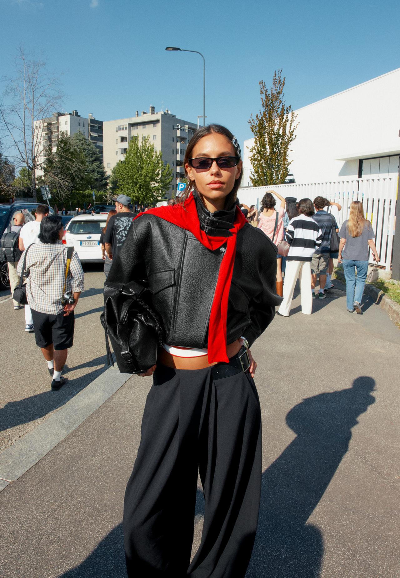 Leather effect jacket with padded shoulders and pockets — Black