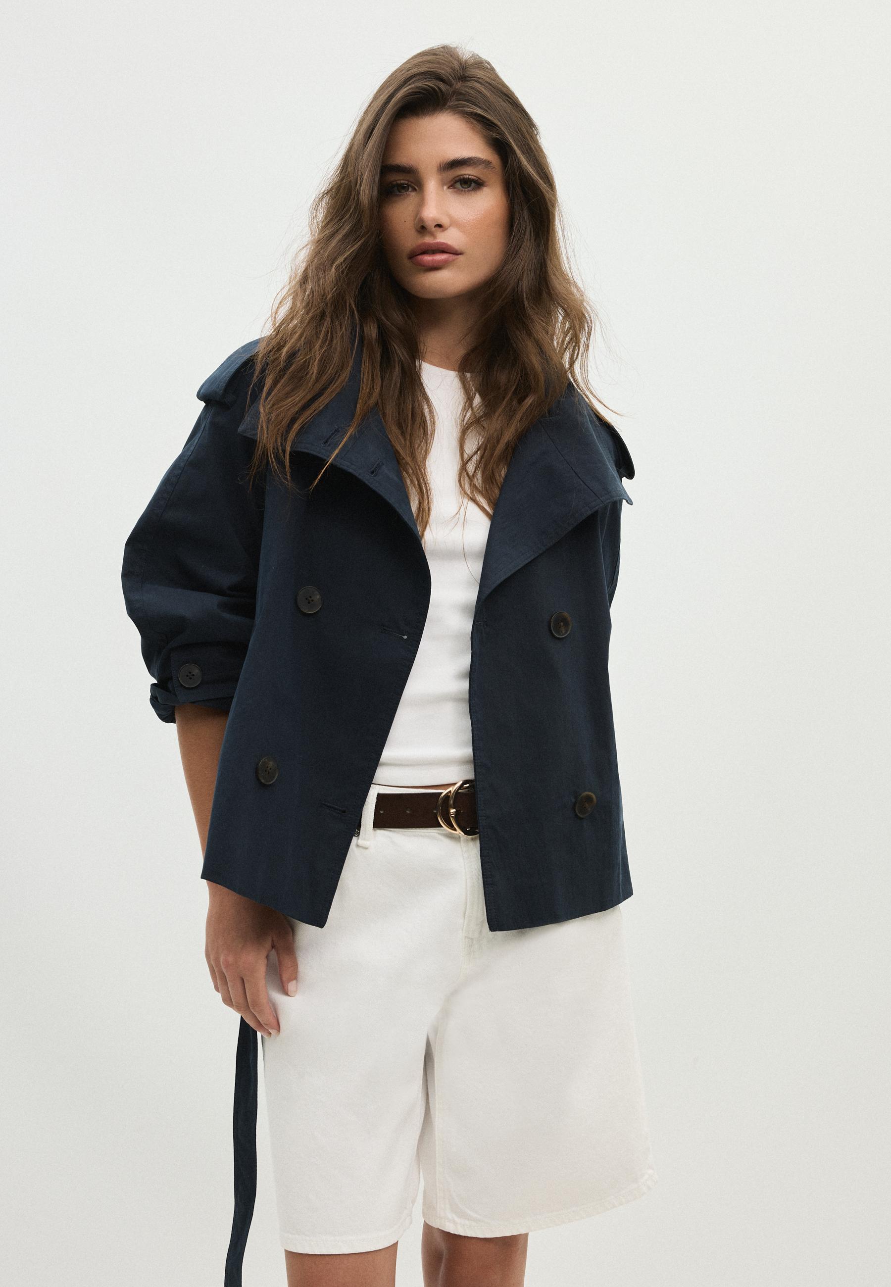High neck belted trench coat — Dark blue