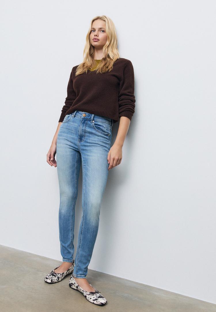 Stradivarius D07 Blugi Skinny Fit Regular Waist Efect Prespălat Denim Albastru Mediu Deschis 32