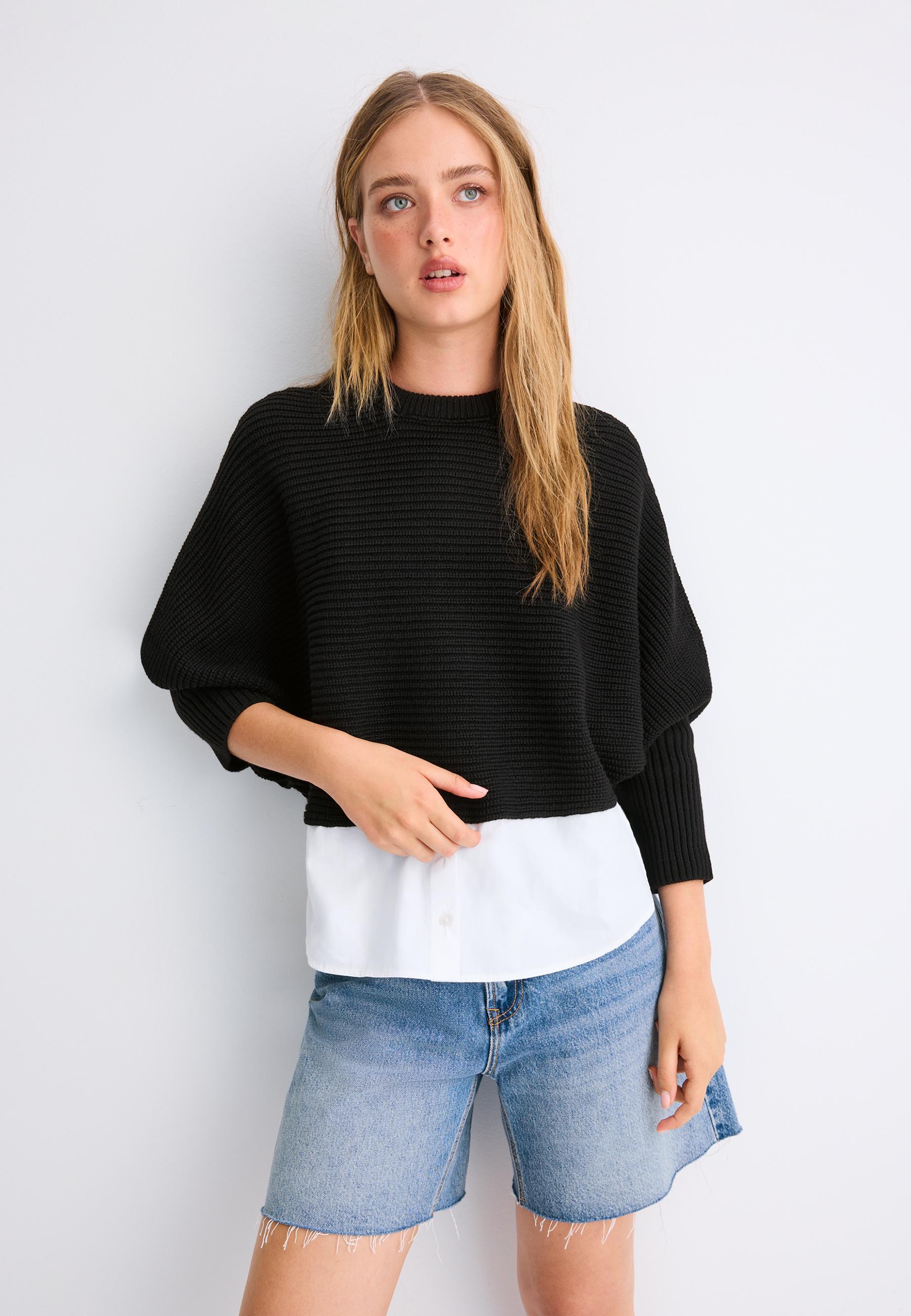 Mixed-fabric batwing knit jumper — Black