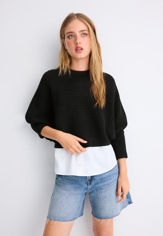 tricot trui met gemengde materialen en vleermuismouwen