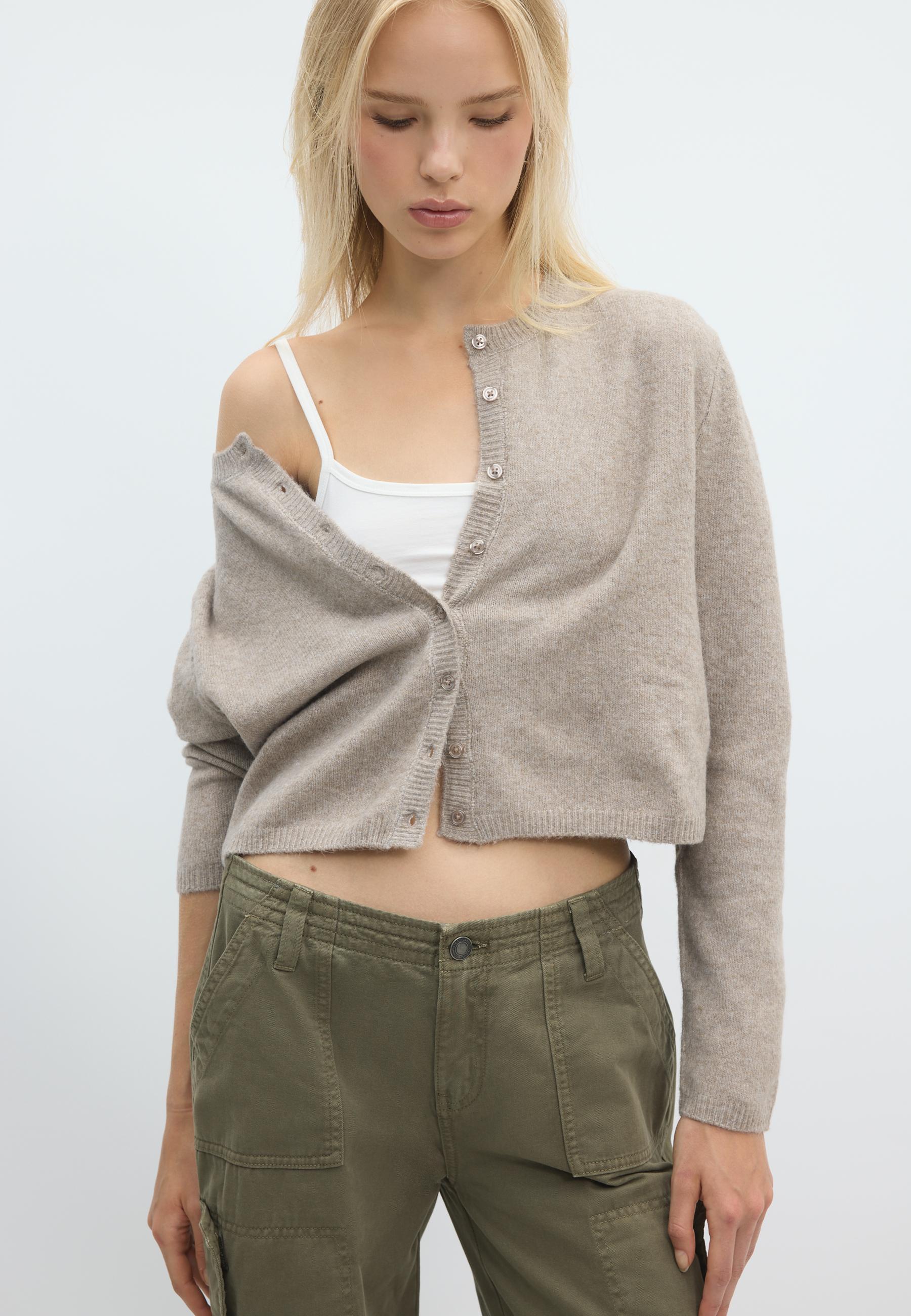 Soft-touch button-up knit cardigan — Stone