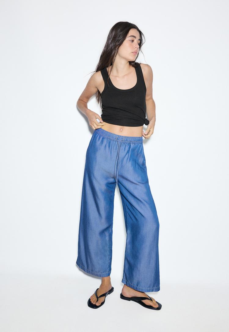 Stradivarius Χυτό Τζιν Παντελόνι Culotte Μπλε Μεσαίας Απόχρωσης Xs
