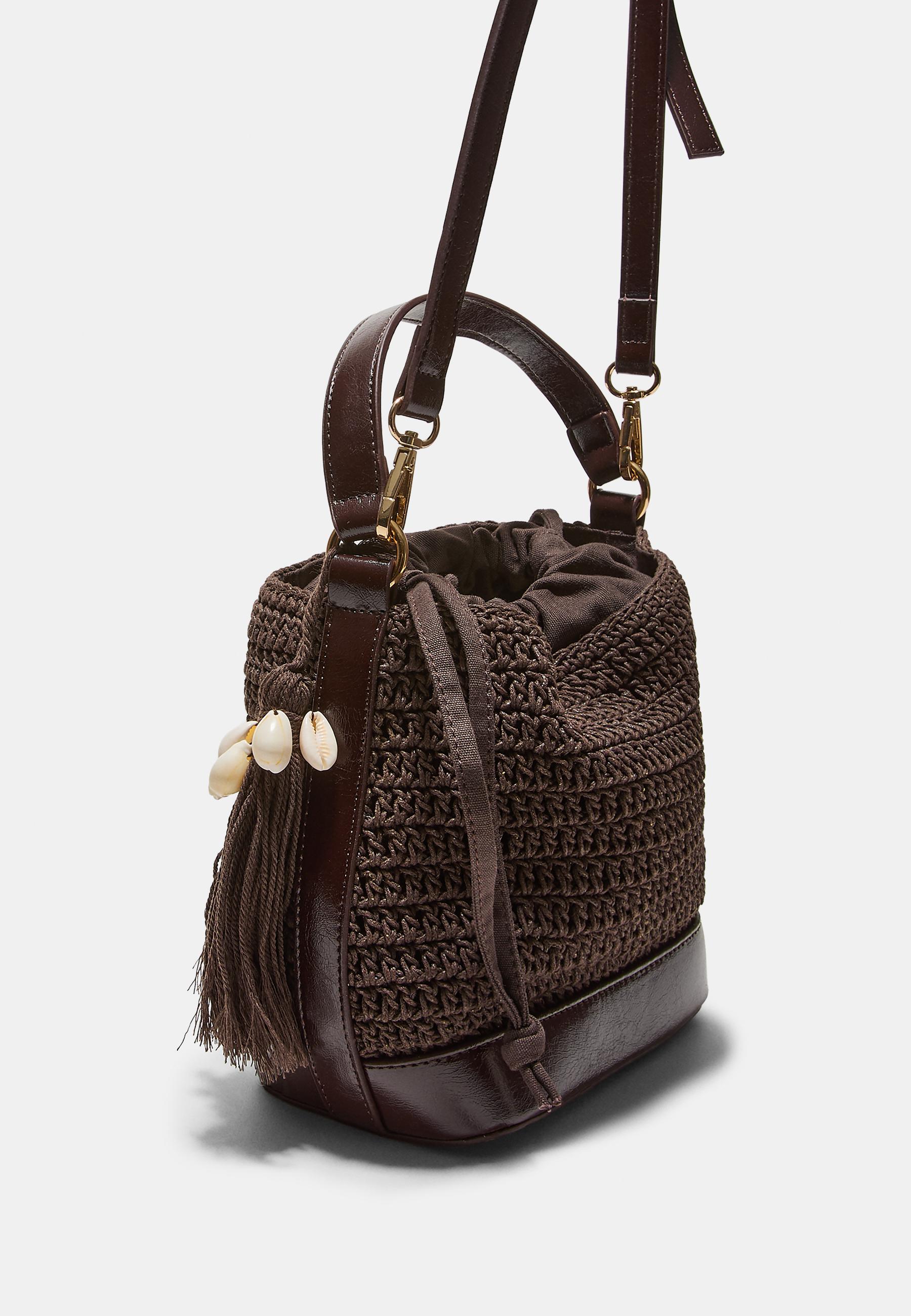 Combined crochet bucket bag — Brown