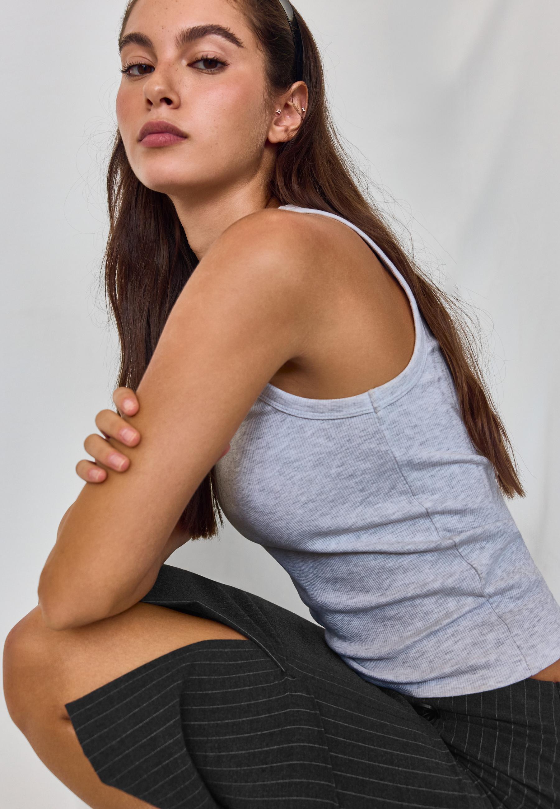 Ribbed cotton racerback top — Grey melange