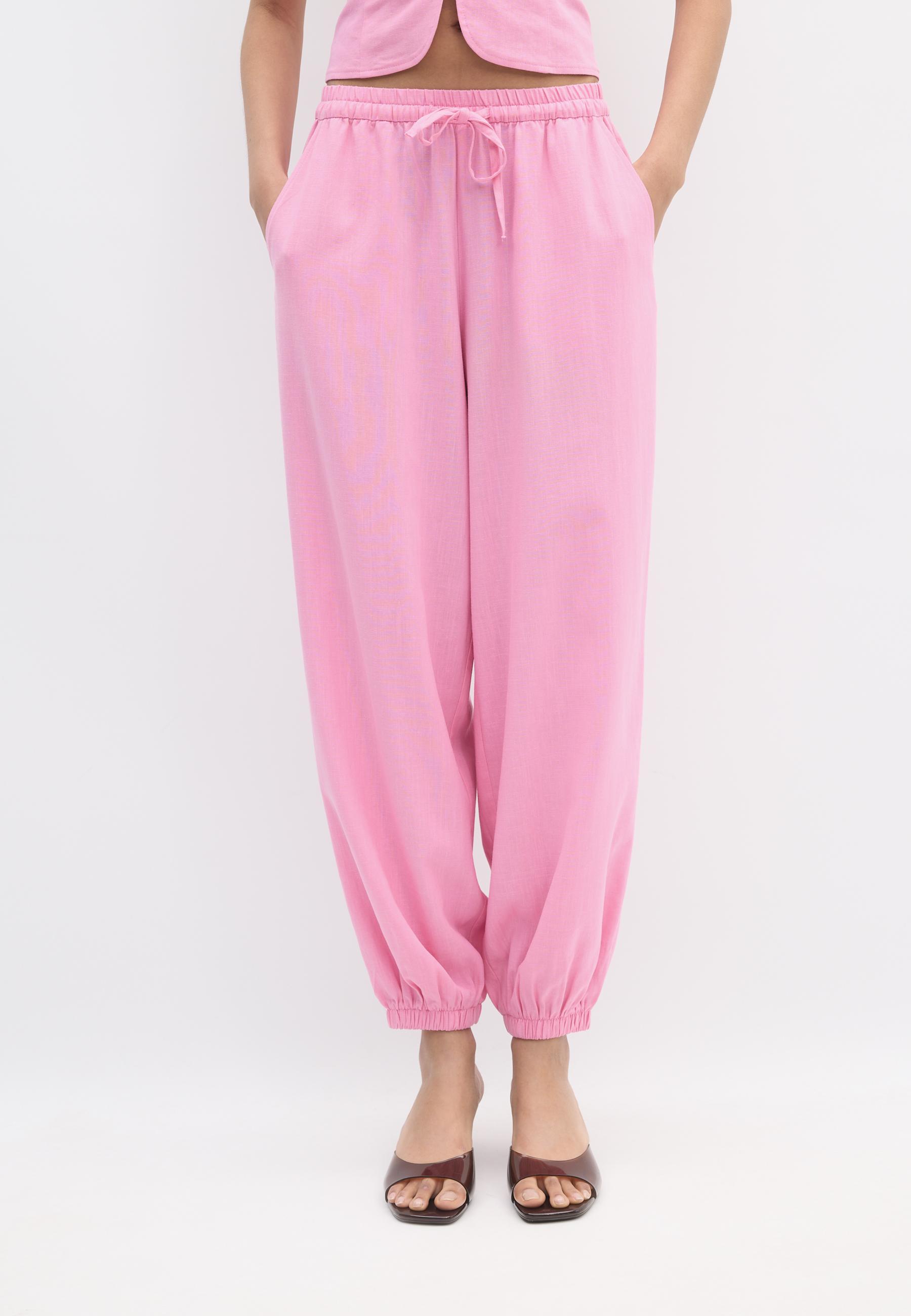 Linen-look sarouel trousers — Pastel pink