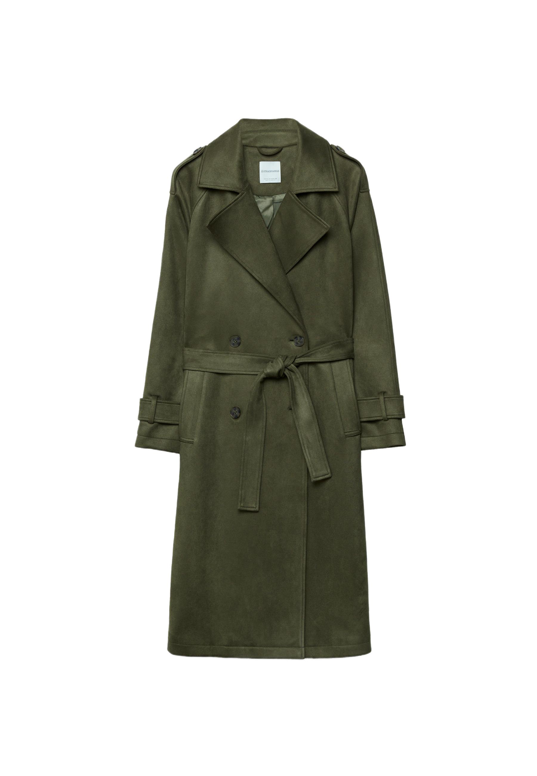 Long faux suede trench coat — Olive green