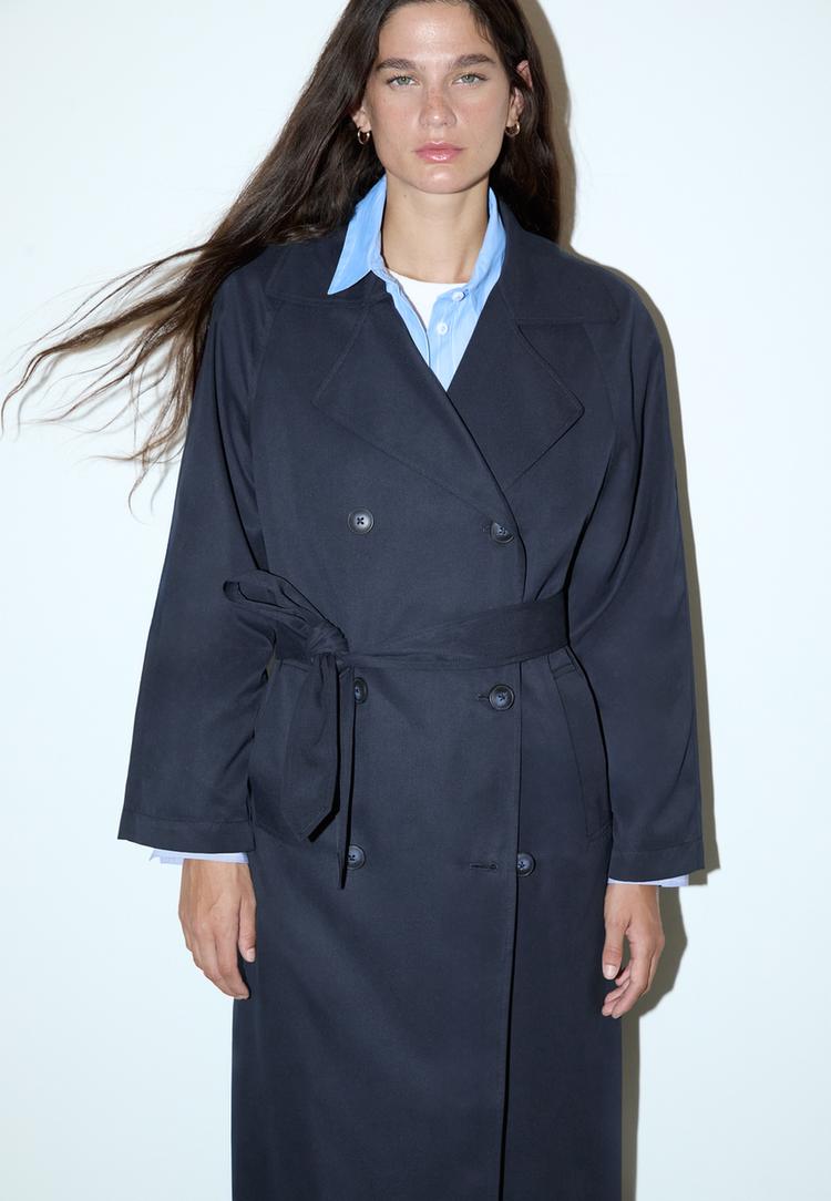 oversize dokumlu uzun trenckot