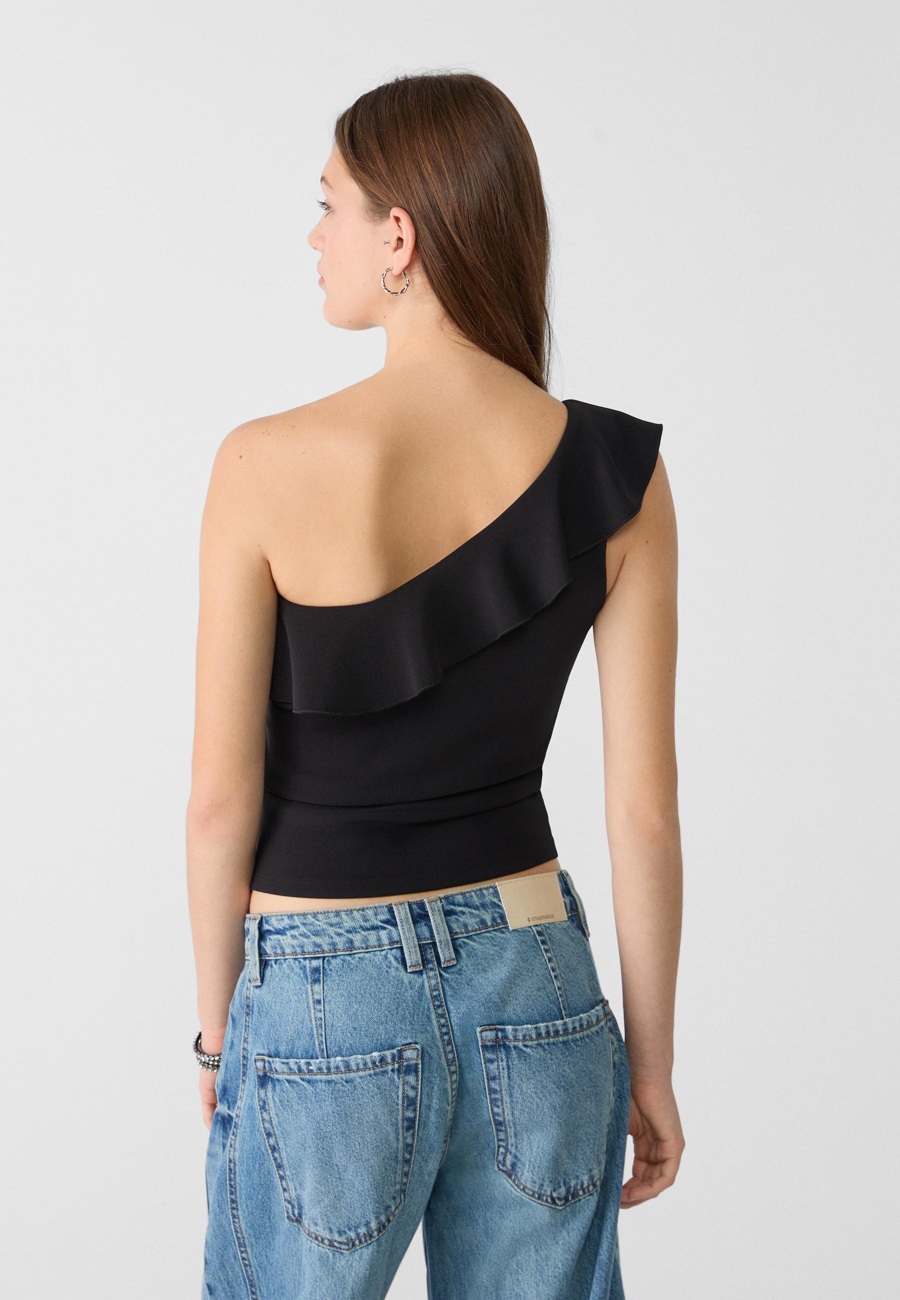 Asymmetric T-shirt with ruffle — Black