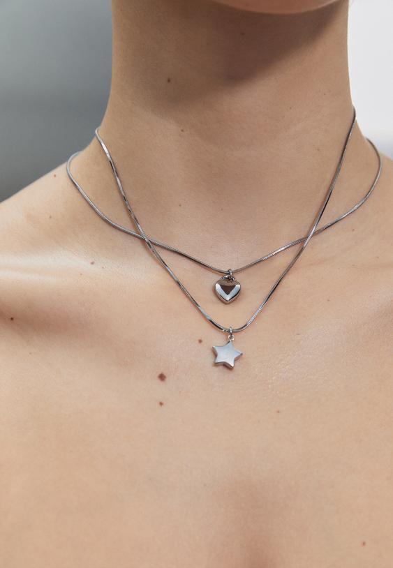 Stradivarius Set Of 2 Waterproof Star & Heart Necklaces Grey Os