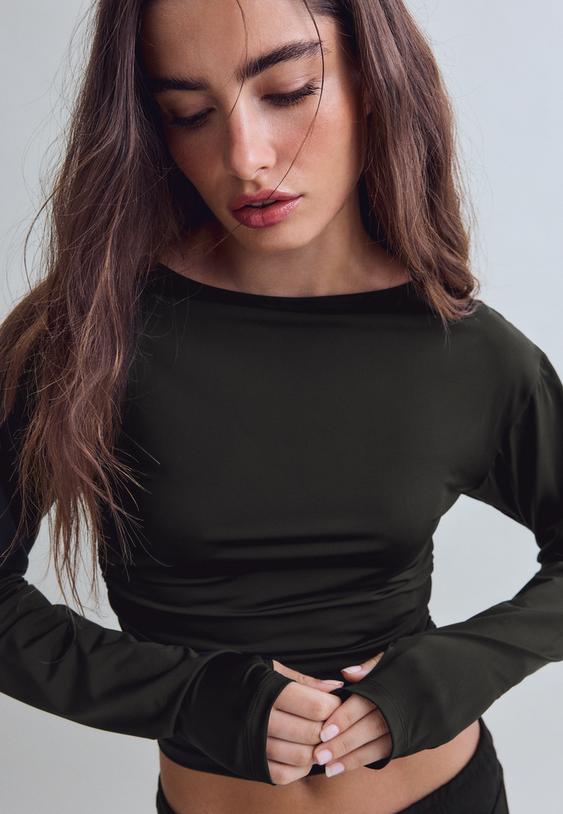 Stradivarius Ruched Long Sleeve Polyamide T-Shirt Black Xs