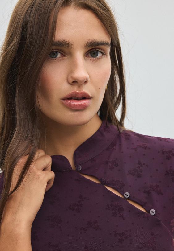 Stradivarius Flocked Stand Collar T-Shirt Purple Xs