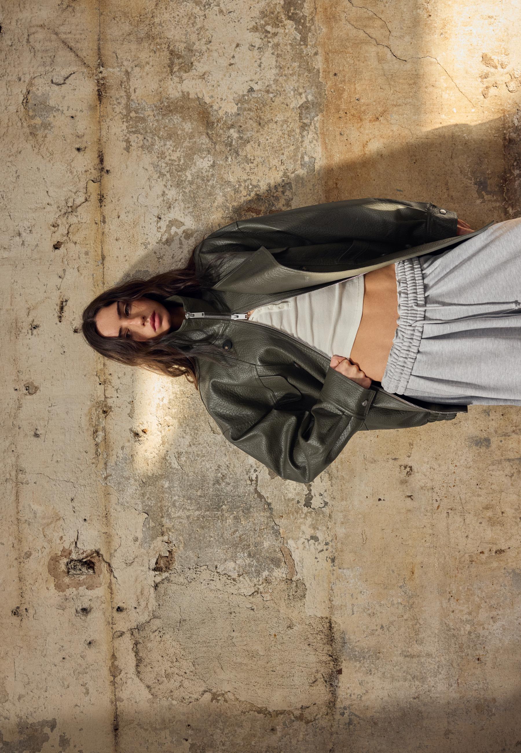 Oversized leather effect button-up jacket — Khaki