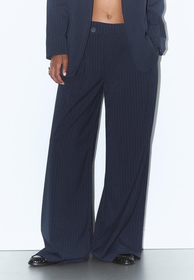 casual striped smart trousers with crossover waist
