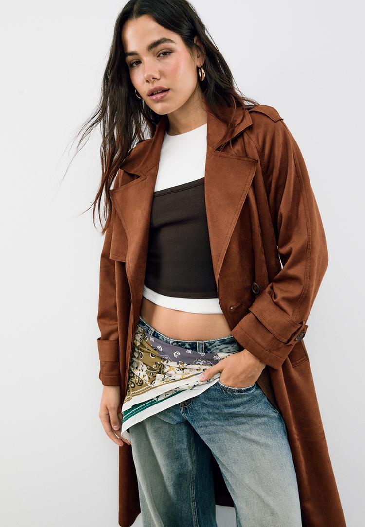 long faux suede trench coat