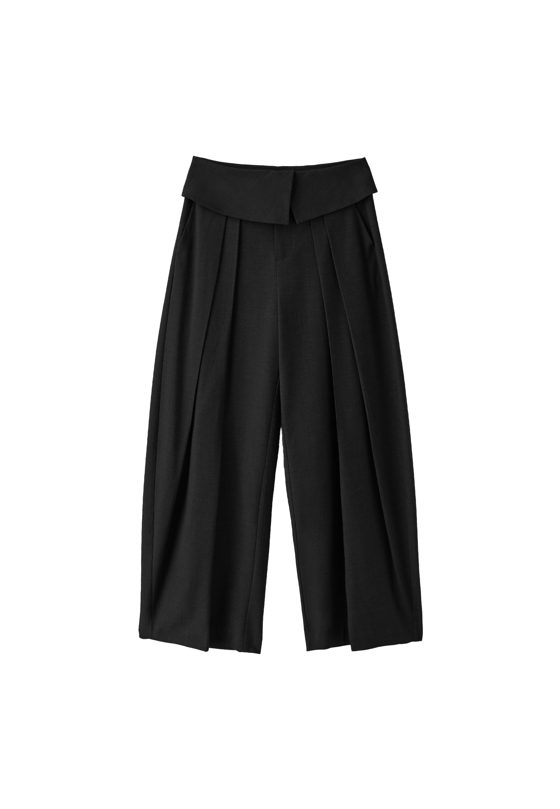 Wide-leg turn-up waistband trousers — Black