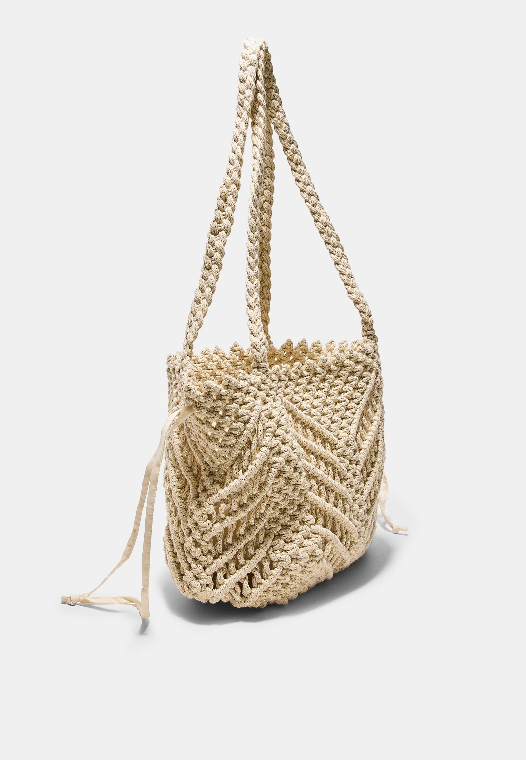 Metallic thread crochet shopper bag — Ecru