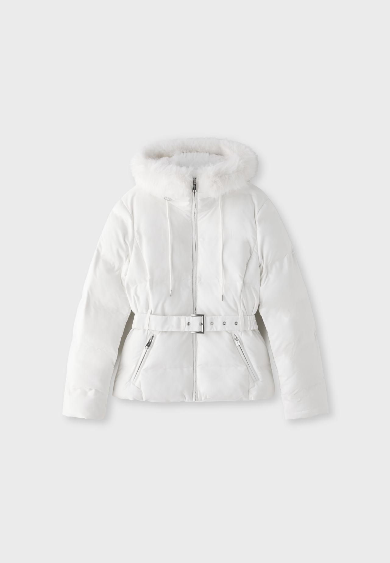 Belted hooded padded jacket — Ecru