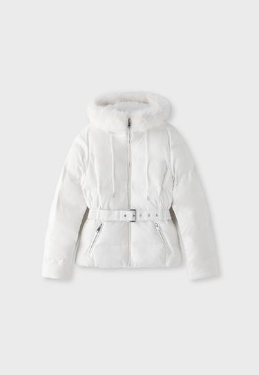 Belted hooded padded jacket — Ecru 7