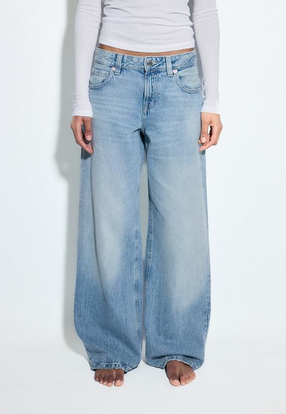 Stradivarius Jean Taille Basse Wide Leg Étoile Denim Overdyed Délavé 32