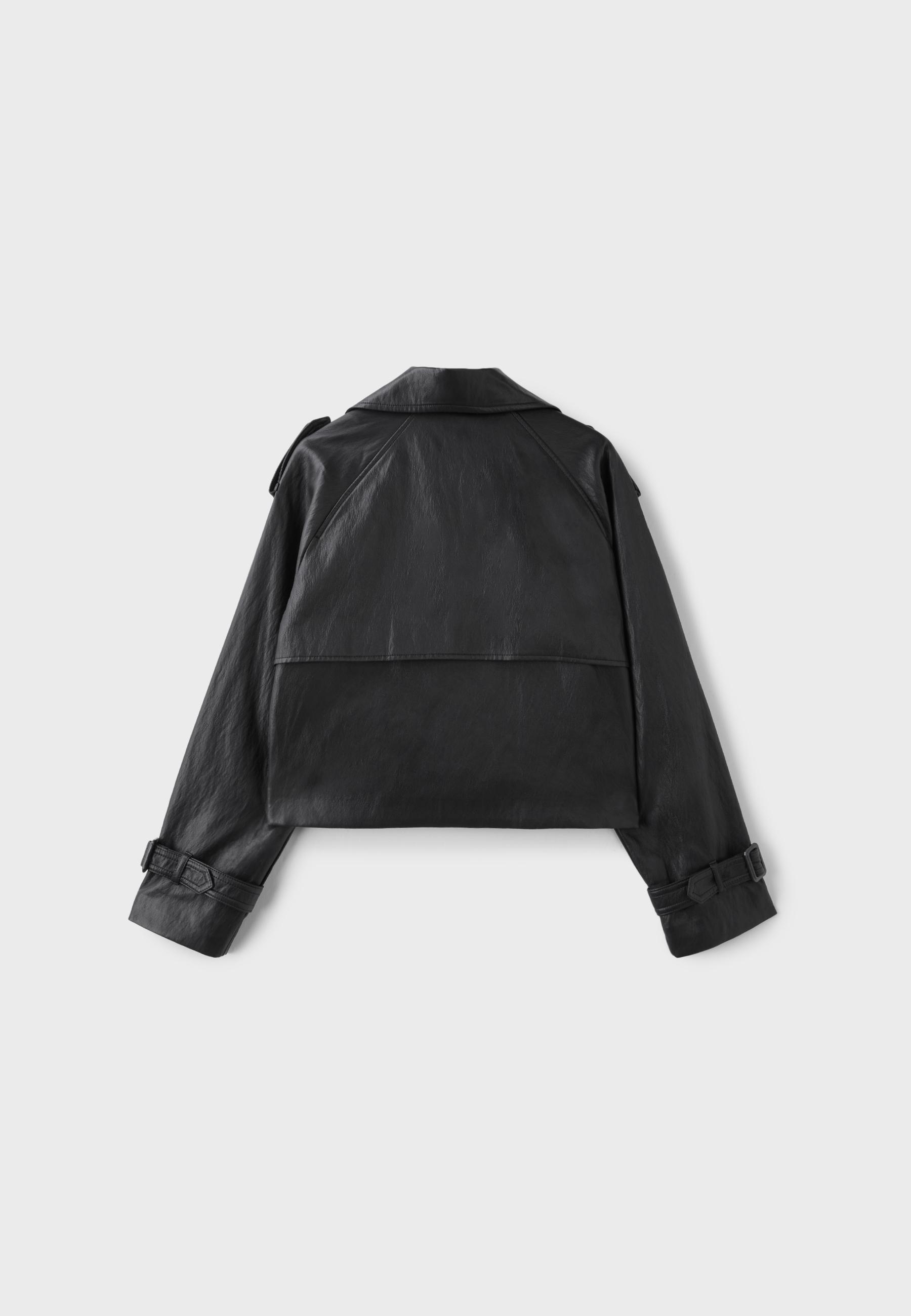 Leather-effect cropped trench coat — Black