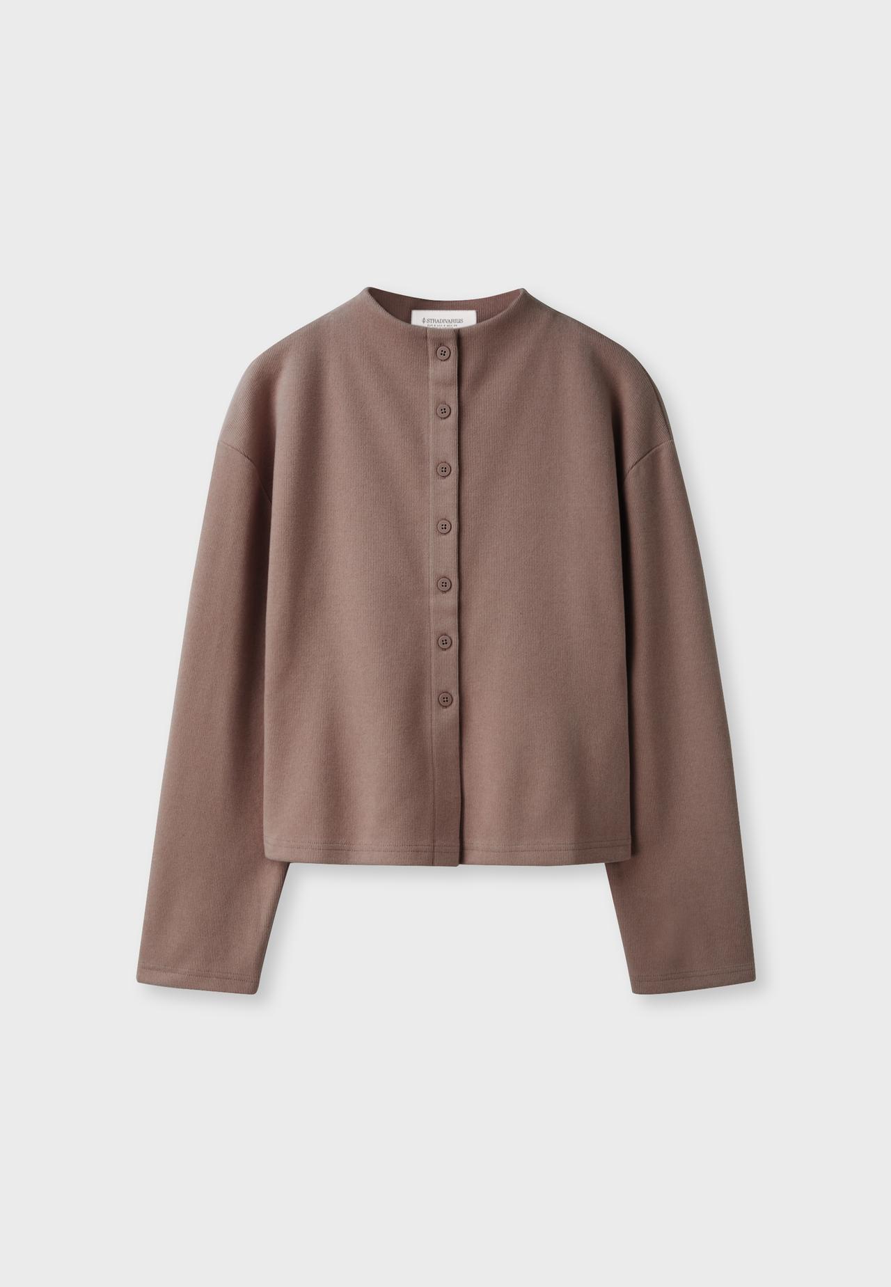 Stand collar knit cardigan — Brown