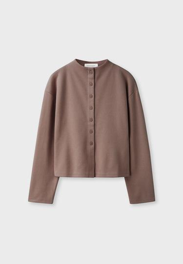 Stand collar knit cardigan — Brown 7