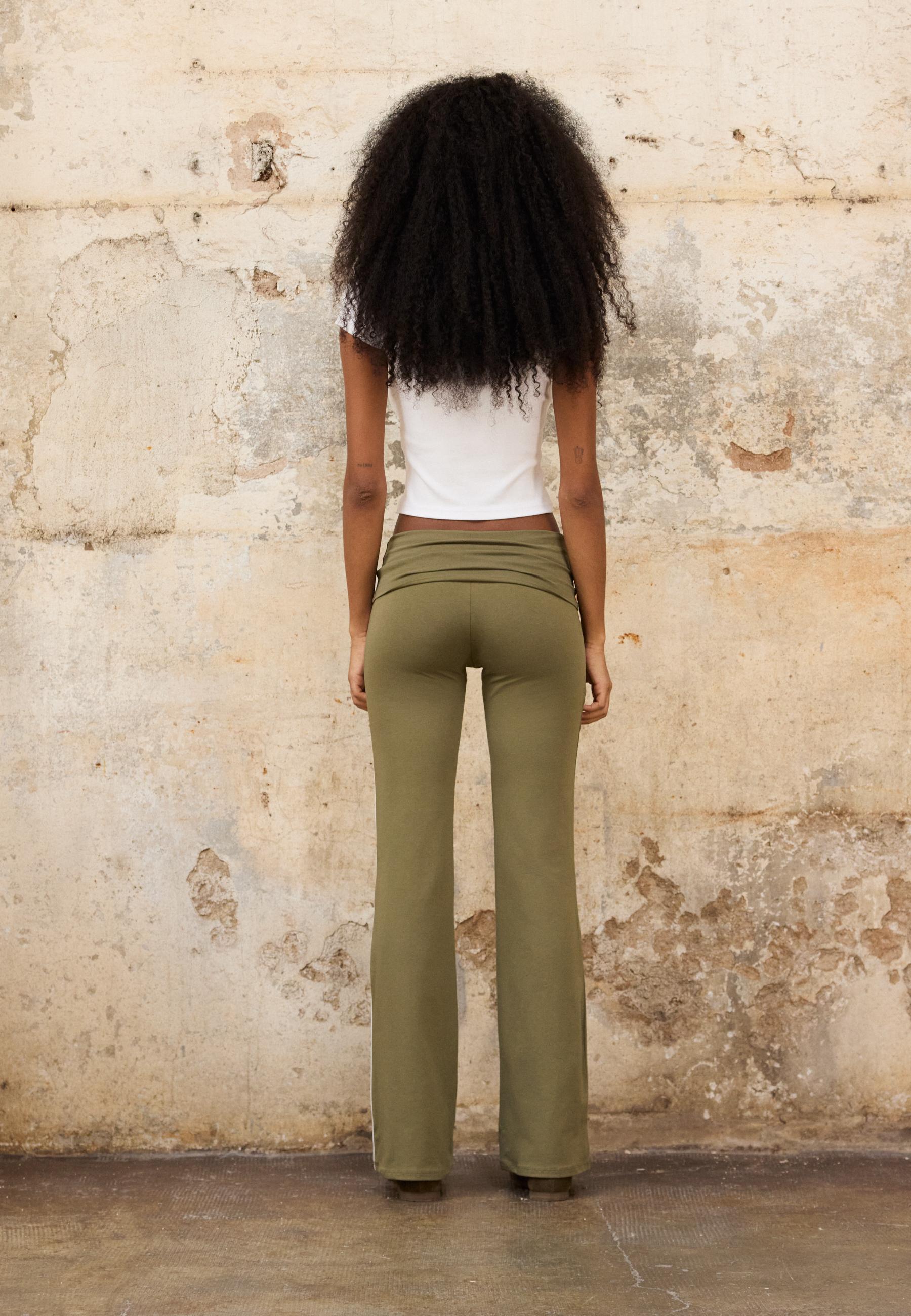 Fold-over waist bell bottom trousers — Khaki