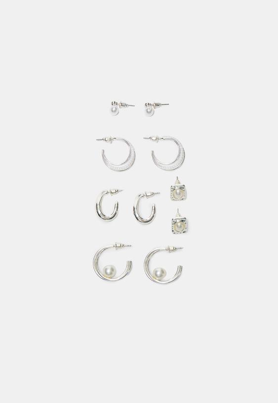 Stradivarius Set Of 5 Faux Pearl Earrings Grey Os