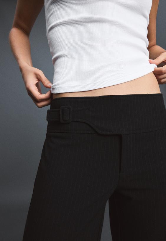 Stradivarius Striped Straight Trousers With Buckle Detail Black 8