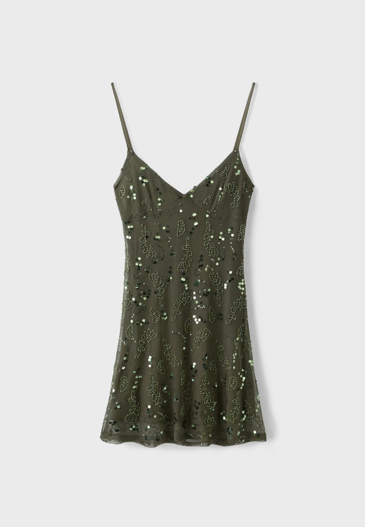 Rhinestone short dress — Khaki