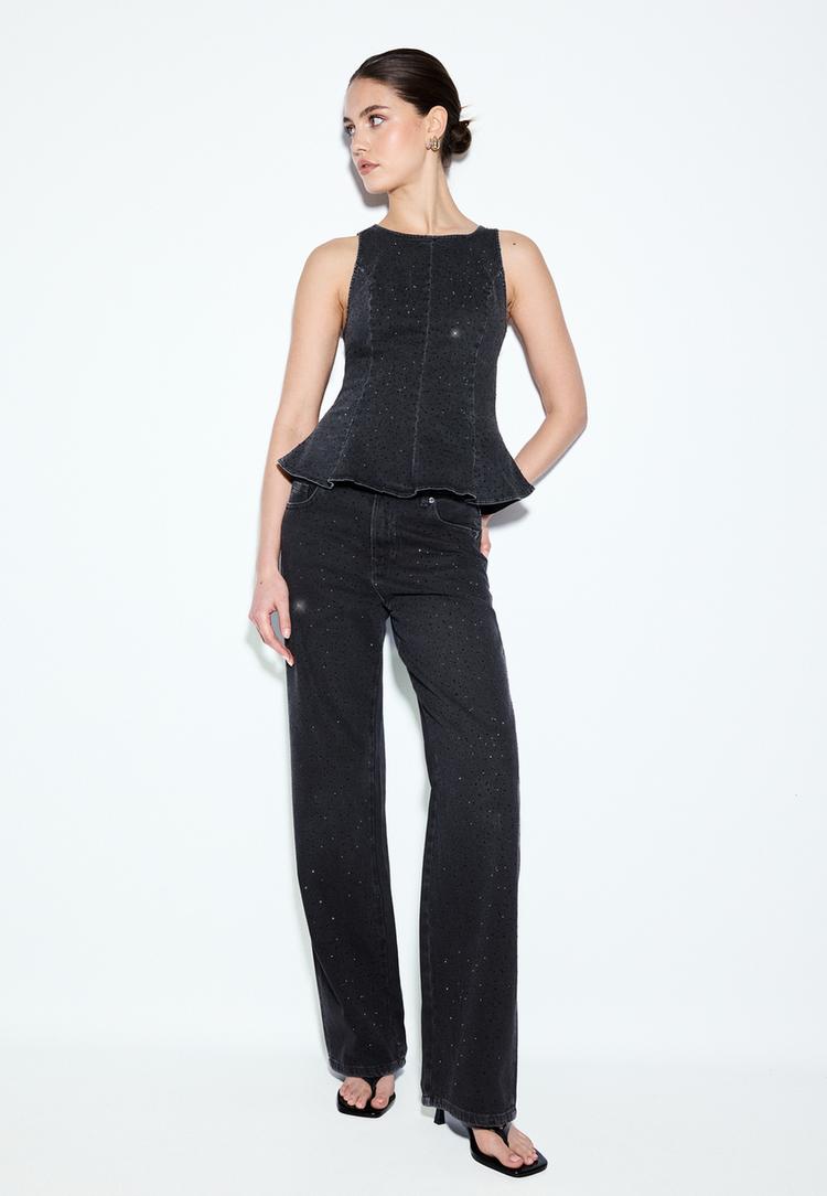 Stradivarius Τοπ Denim Peplum Με Λάμψεις Μαύρο Xs
