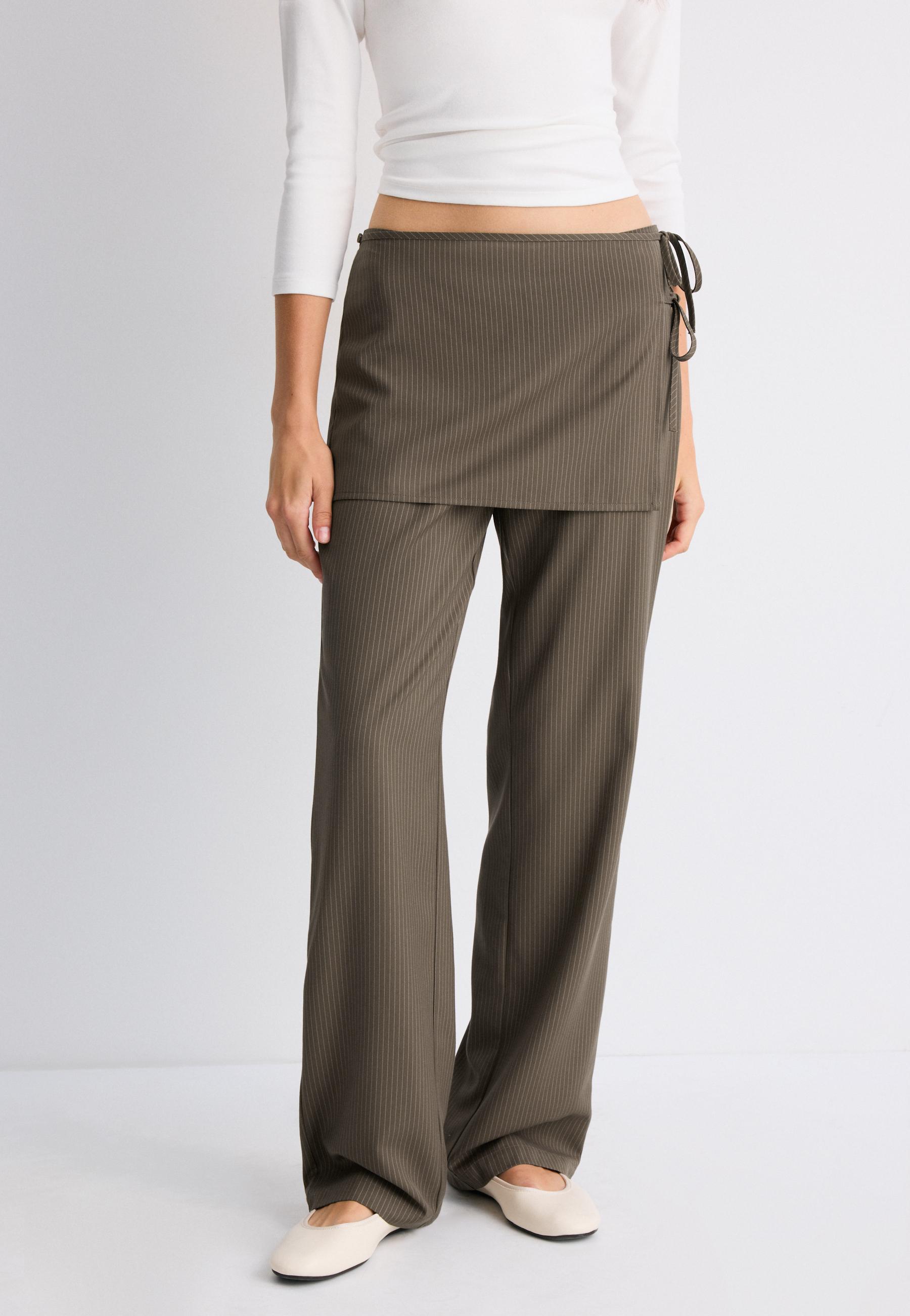 Striped straight-leg trousers with skirt overlay — Khaki