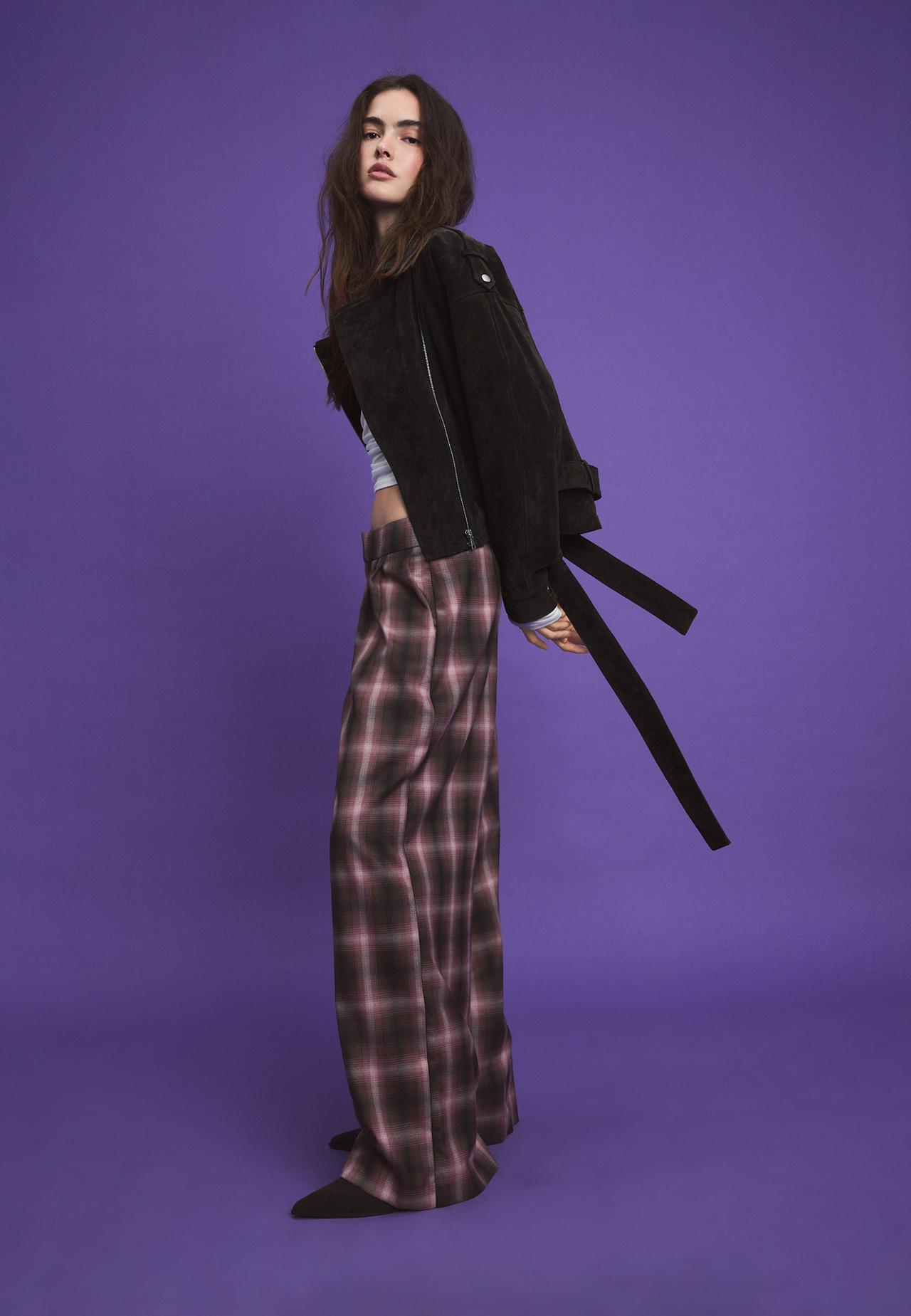 Wide-leg check trousers with adjustable buttons — Purple