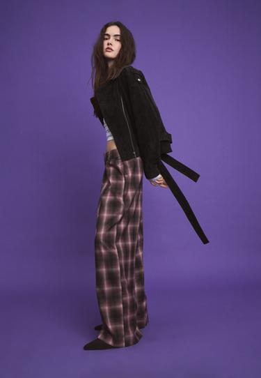 Wide-leg check trousers with adjustable buttons — Purple 1