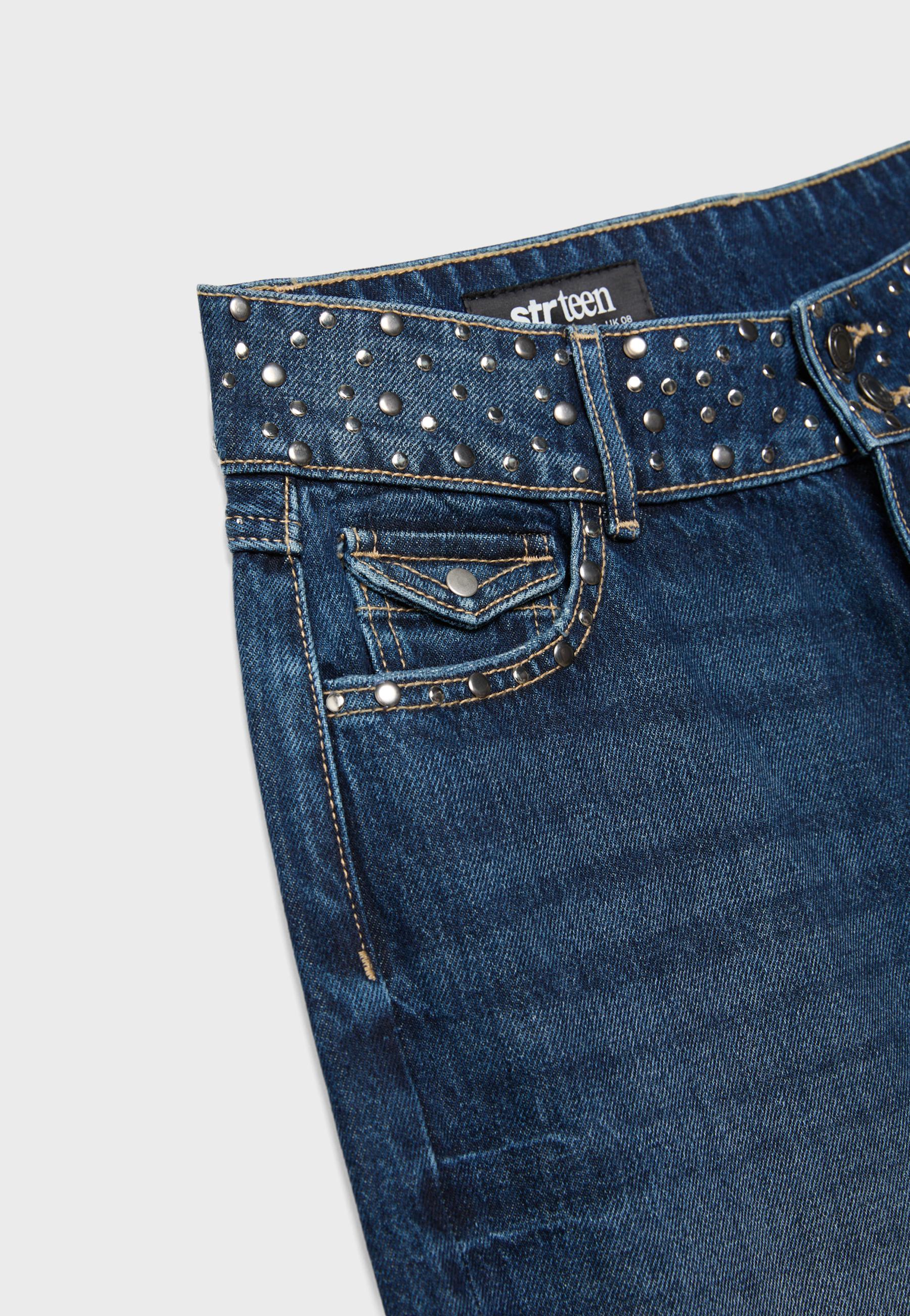 Orta bel zımbalı straight fit jean - Görsel 9