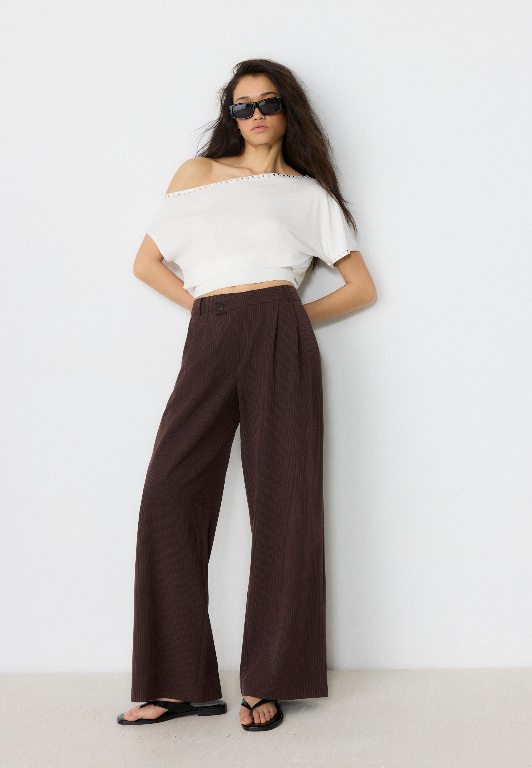 Casual striped smart trousers with crossover waist — Brown