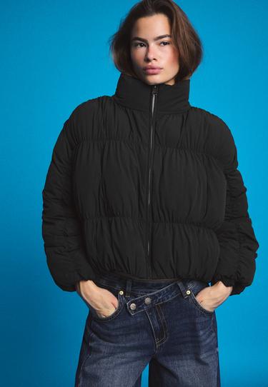 Padded high neck ruched jacket — Black 1