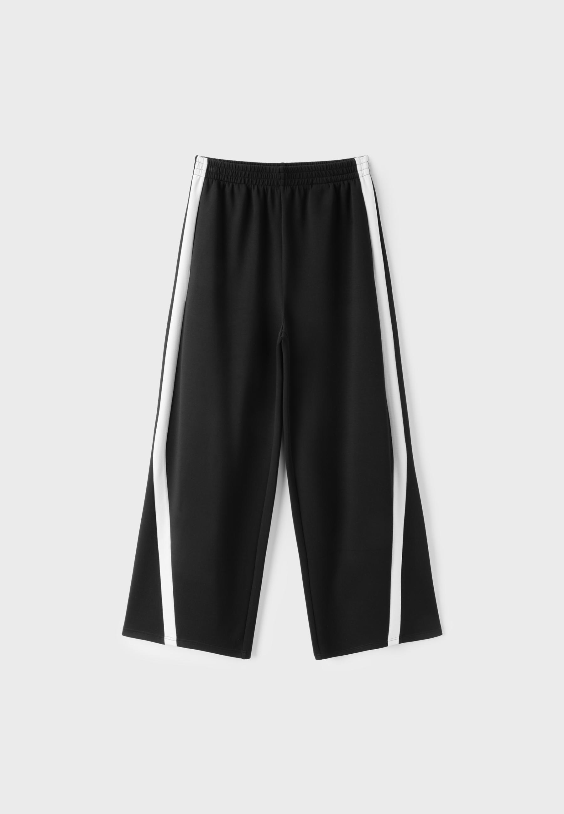 Soft-touch wide-leg jogger trousers with side band — Black