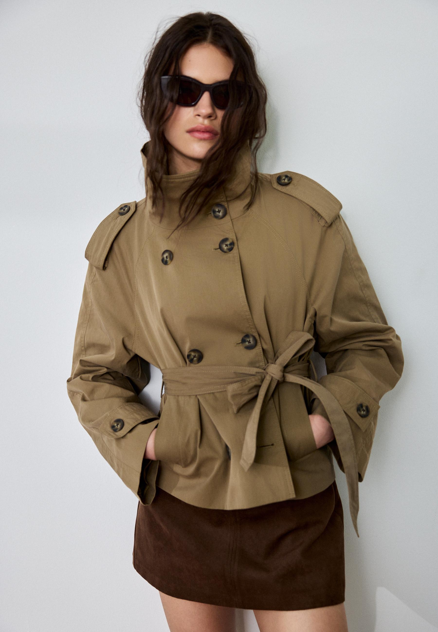 High-neck trench coat with belt — Olive green