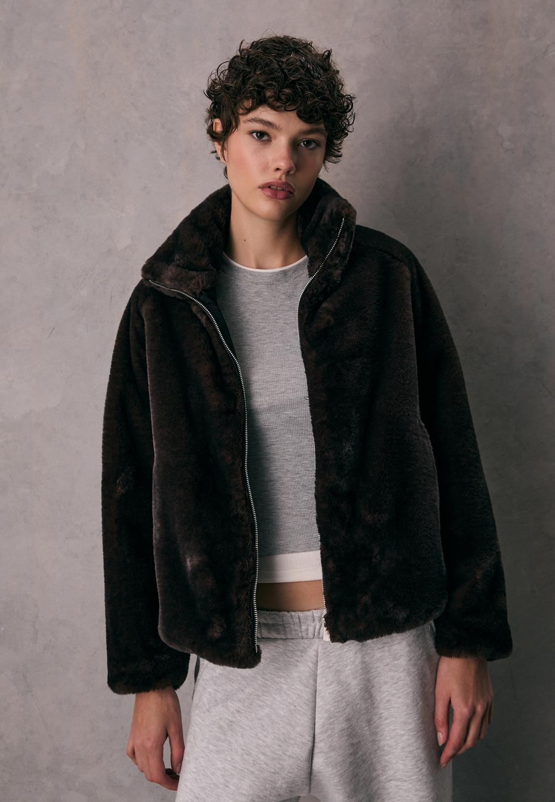 Faux fur jacket with high neck