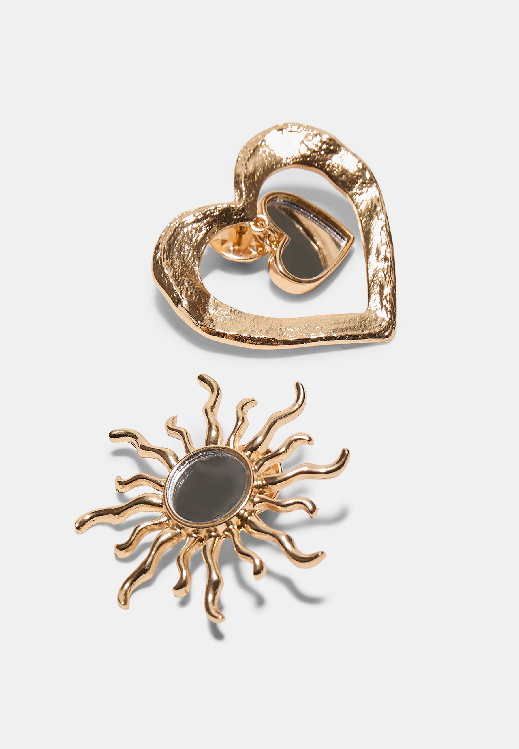 Set of 2 sun and heart brooches — Gold (alternate view)