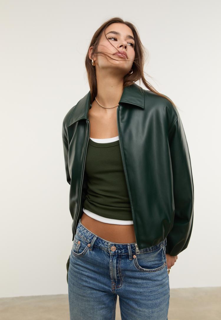 faux leather quilted bomber jacket