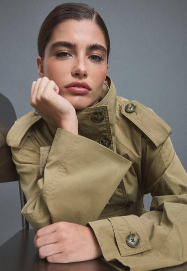 High-neck trench coat with belt — Olive green 6