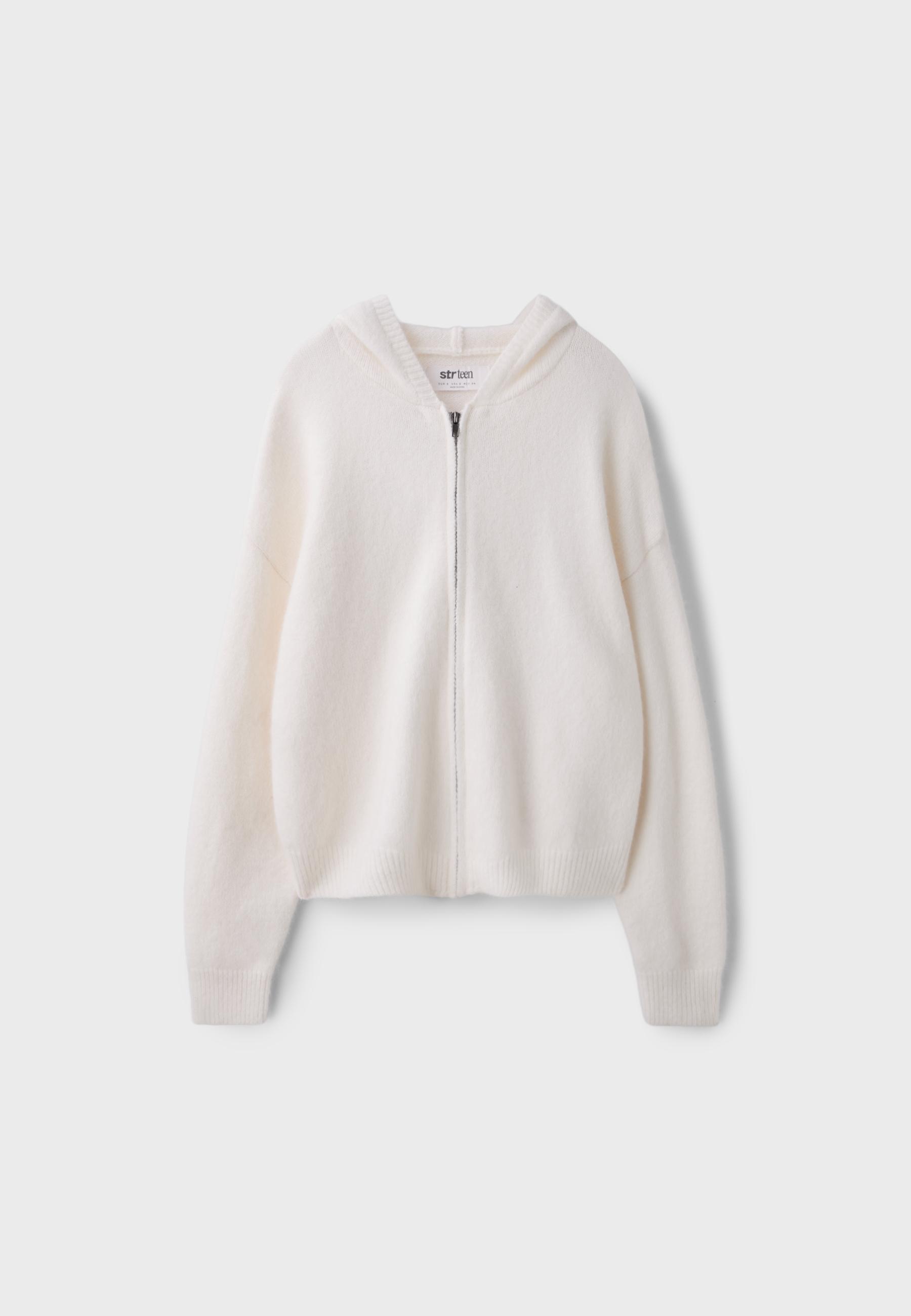 Zipped hooded knit cardigan — Ecru