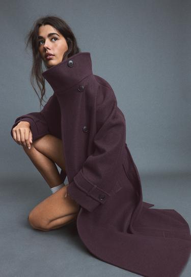 Soft-touch high neck long coat — Purple 6