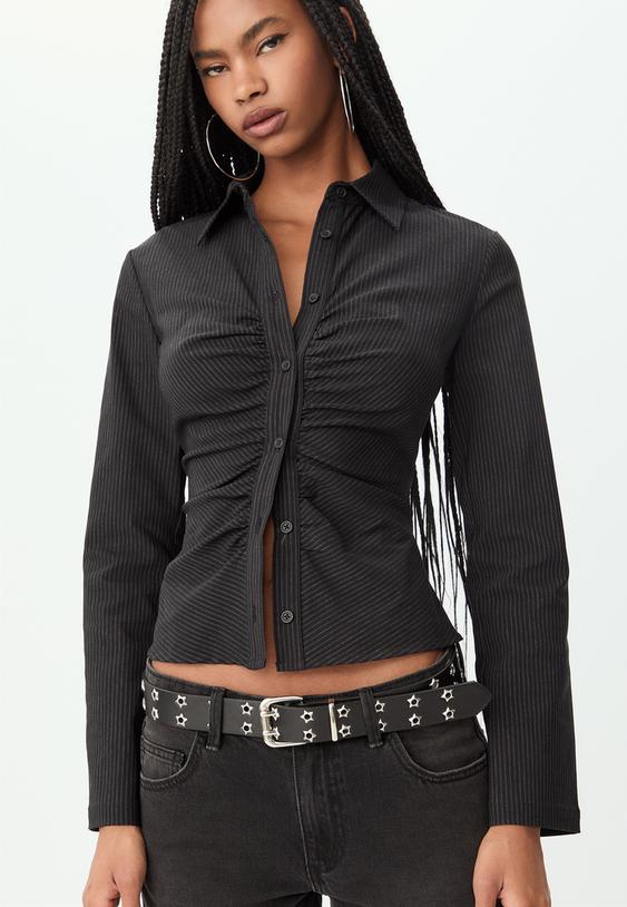 Stradivarius Striped Gathered Shirt Black Xs